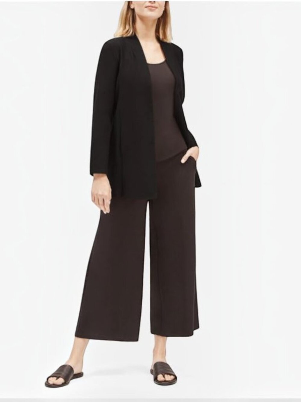 Eileen Fisher Washable Stretch Crepe Long Jacket Open Front Cardigan Black SZ PM